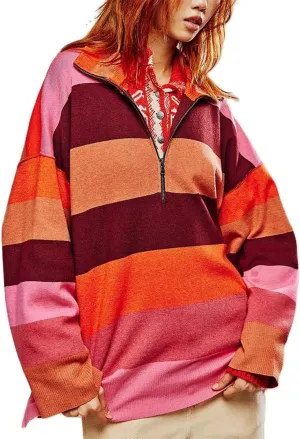 Amiblvowa Striped Half Quarter Zip Sweaters for Women Long Sleeve Drop Shoulder Pullover Oversized Sweatshirt Top Y2K Hoodie