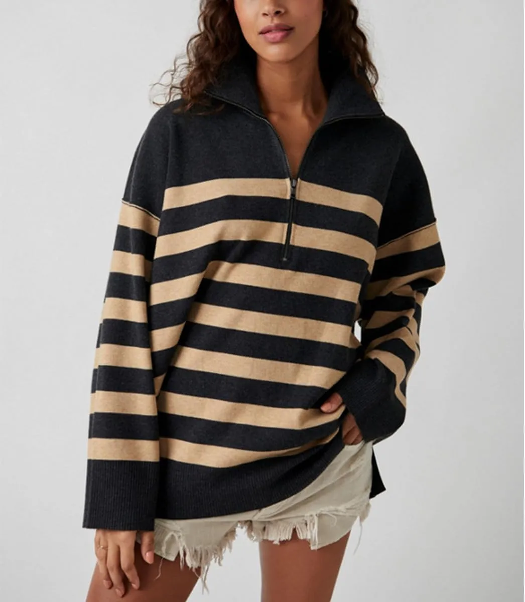 Amiblvowa Striped Half Quarter Zip Sweaters for Women Long Sleeve Drop Shoulder Pullover Oversized Sweatshirt Top Y2K Hoodie