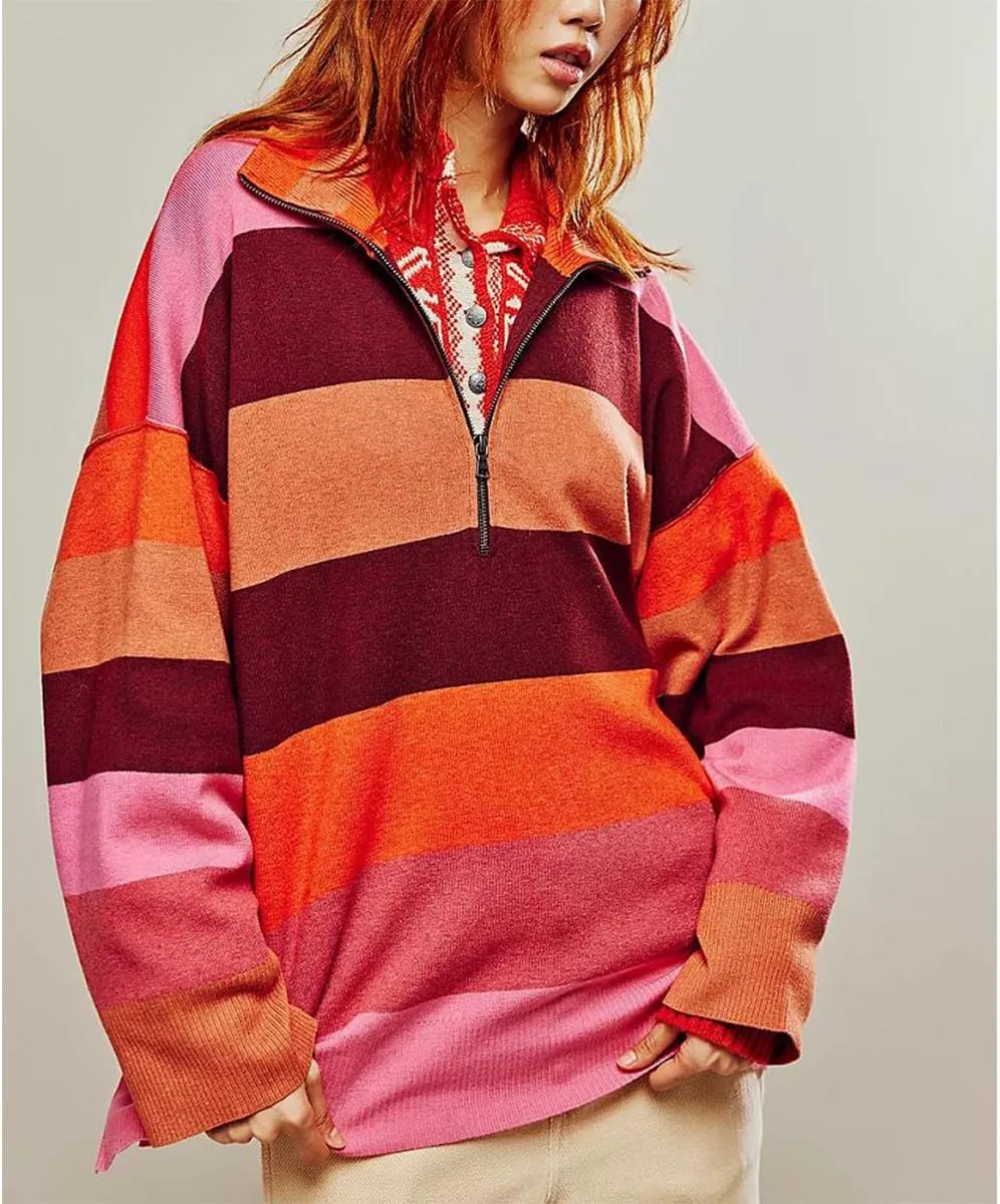 Amiblvowa Striped Half Quarter Zip Sweaters for Women Long Sleeve Drop Shoulder Pullover Oversized Sweatshirt Top Y2K Hoodie