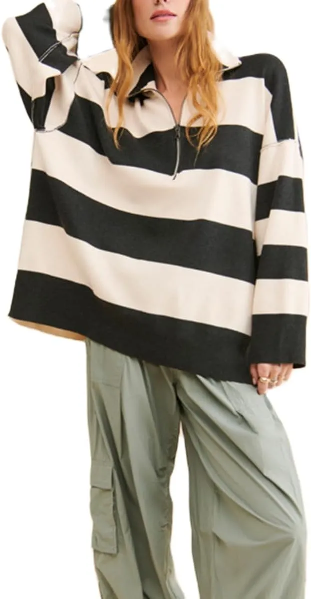 Amiblvowa Striped Half Quarter Zip Sweaters for Women Long Sleeve Drop Shoulder Pullover Oversized Sweatshirt Top Y2K Hoodie