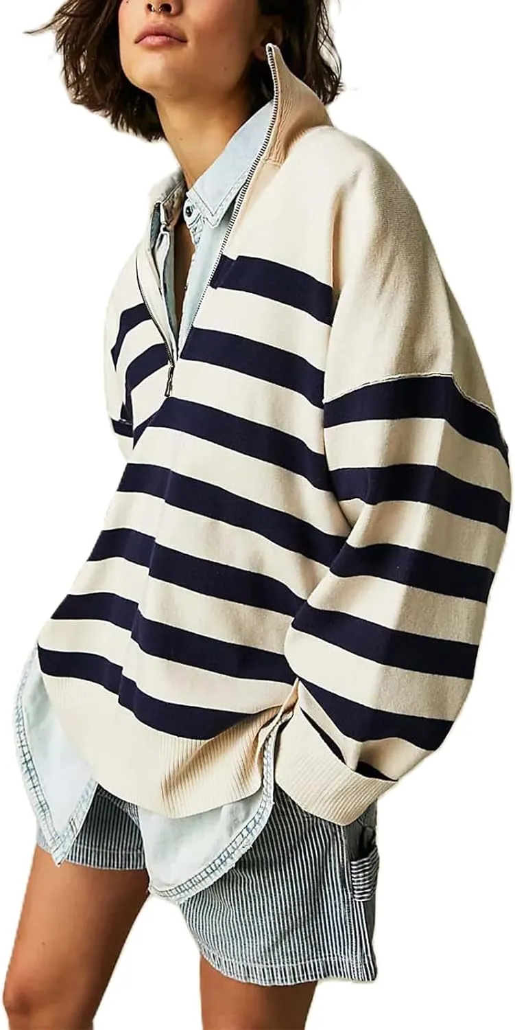 Amiblvowa Striped Half Quarter Zip Sweaters for Women Long Sleeve Drop Shoulder Pullover Oversized Sweatshirt Top Y2K Hoodie