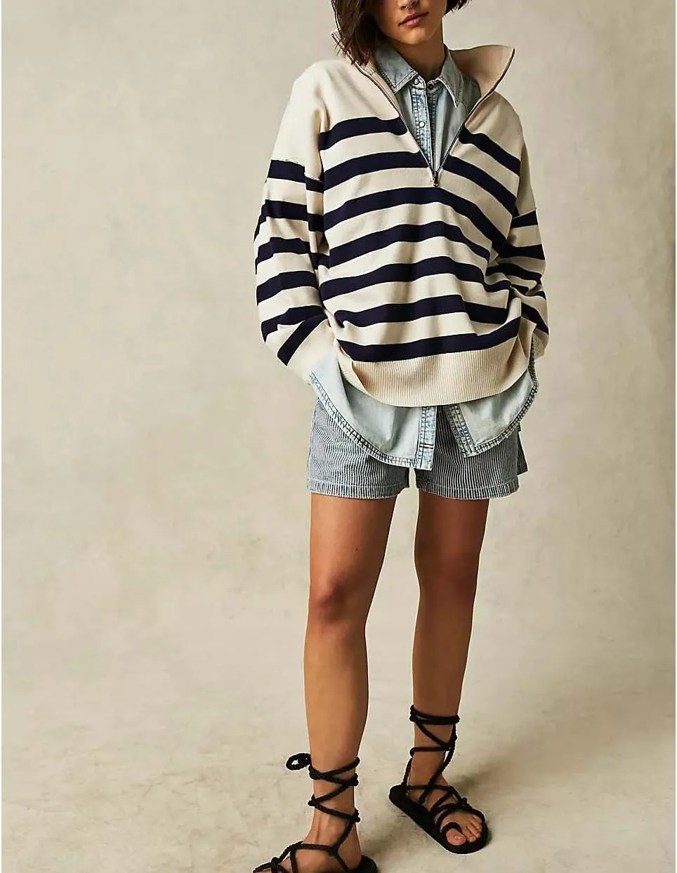 Amiblvowa Striped Half Quarter Zip Sweaters for Women Long Sleeve Drop Shoulder Pullover Oversized Sweatshirt Top Y2K Hoodie