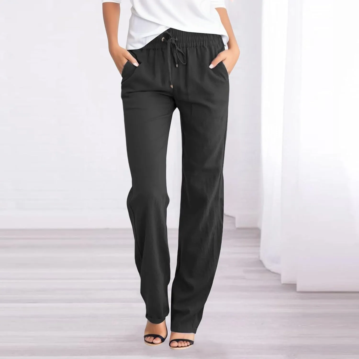 Aniwyn Cotton Linen Pants Women Straight Leg Beach Lightweight Elastic High Waist Boho Sweatpant Loose Comfy Palazzo Trousers