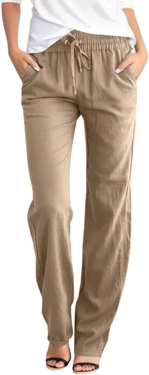 Aniwyn Cotton Linen Pants Women Straight Leg Beach Lightweight Elastic High Waist Boho Sweatpant Loose Comfy Palazzo Trousers