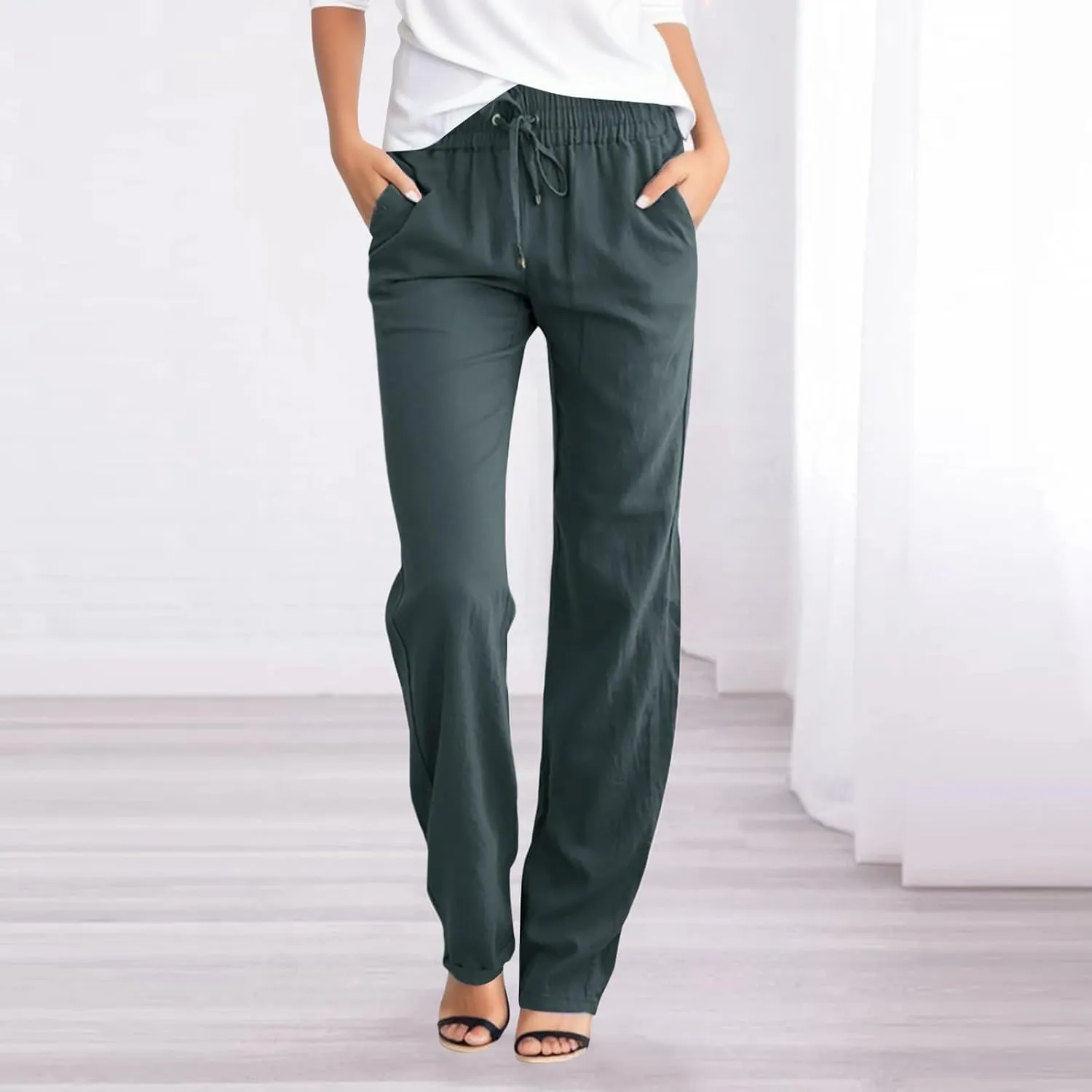 Aniwyn Cotton Linen Pants Women Straight Leg Beach Lightweight Elastic High Waist Boho Sweatpant Loose Comfy Palazzo Trousers