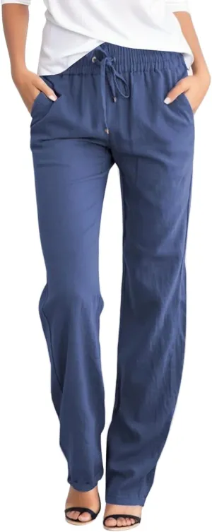 Aniwyn Cotton Linen Pants Women Straight Leg Beach Lightweight Elastic High Waist Boho Sweatpant Loose Comfy Palazzo Trousers