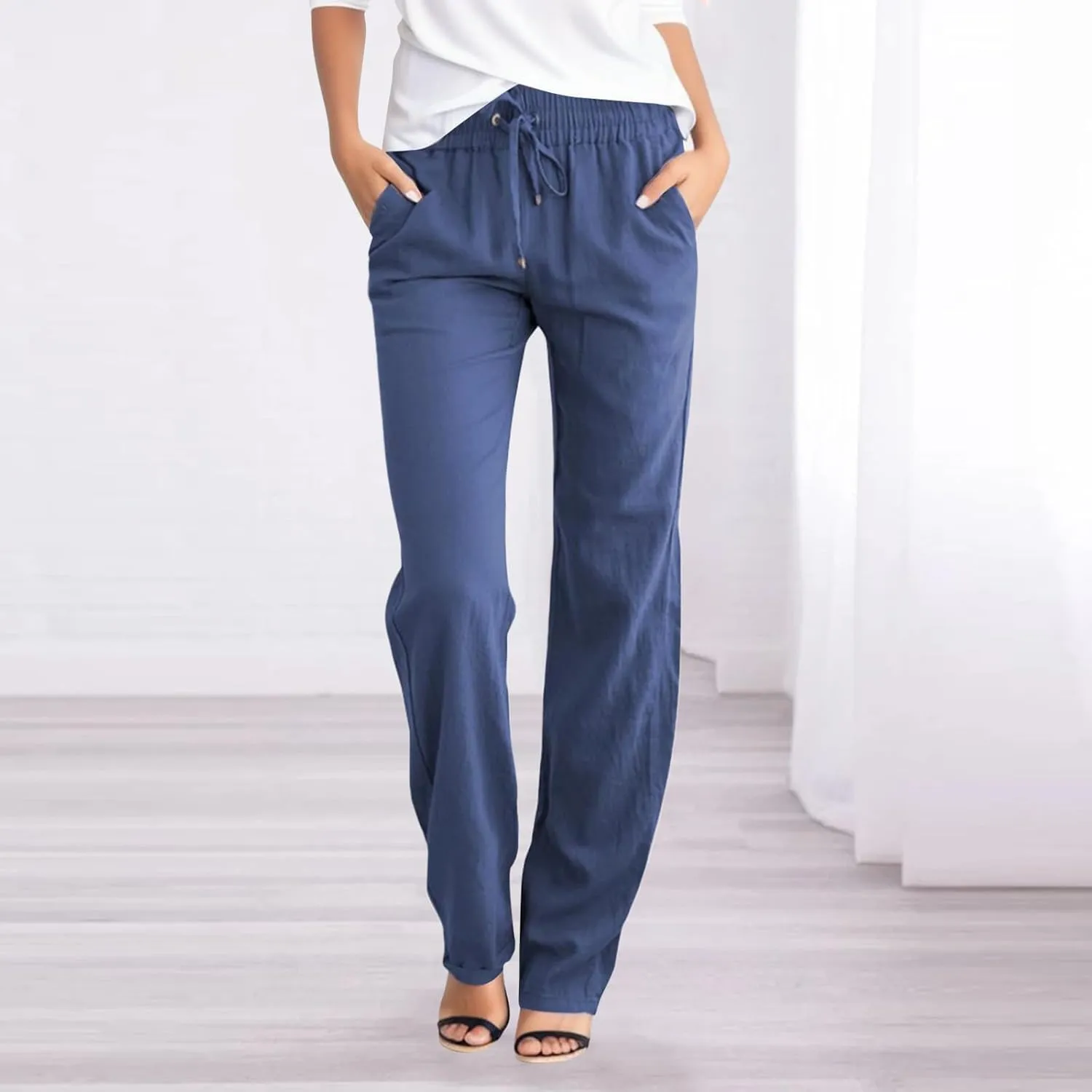 Aniwyn Cotton Linen Pants Women Straight Leg Beach Lightweight Elastic High Waist Boho Sweatpant Loose Comfy Palazzo Trousers