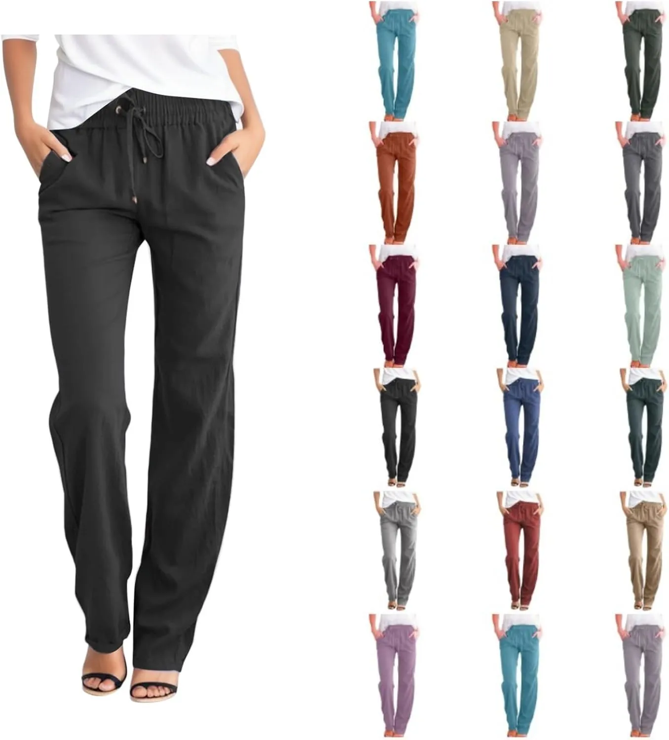 Aniwyn Cotton Linen Pants Women Straight Leg Beach Lightweight Elastic High Waist Boho Sweatpant Loose Comfy Palazzo Trousers