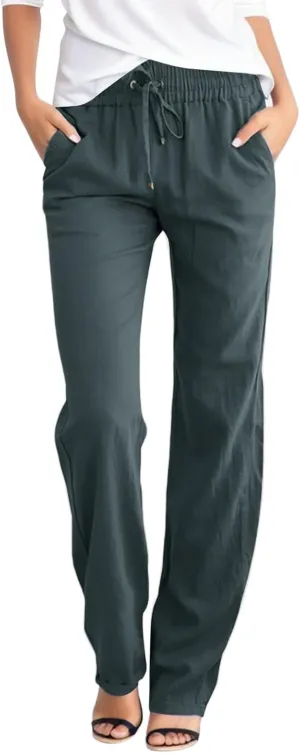 Aniwyn Cotton Linen Pants Women Straight Leg Beach Lightweight Elastic High Waist Boho Sweatpant Loose Comfy Palazzo Trousers
