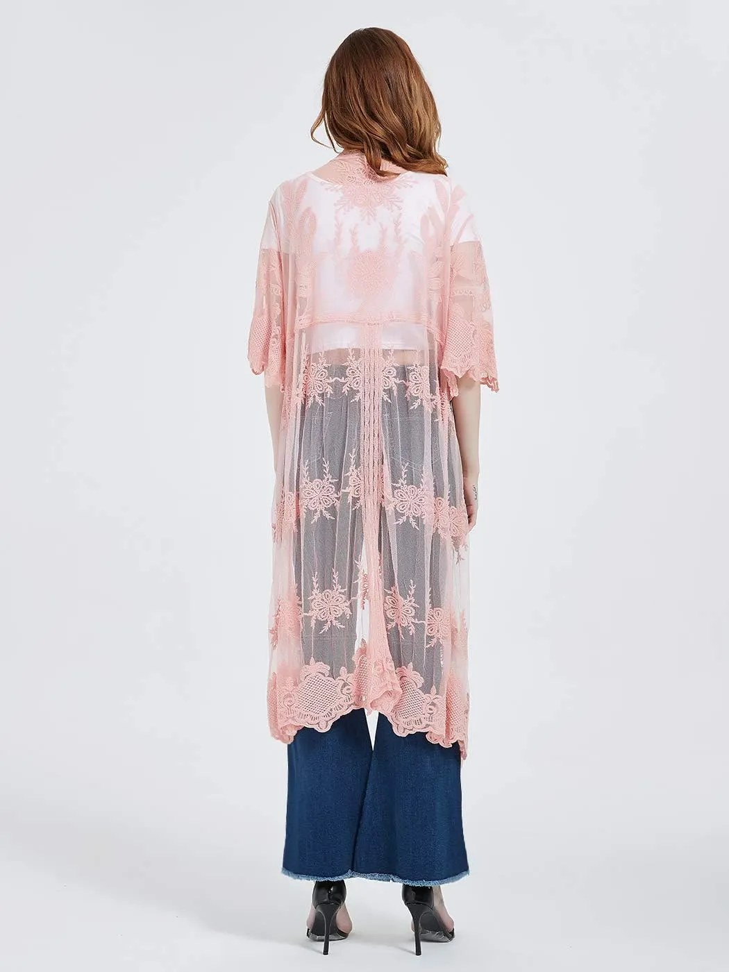 Anna-Kaci Womens Cover Up Long Embroidered Lace Kimono Cardigan with Half Sleeves