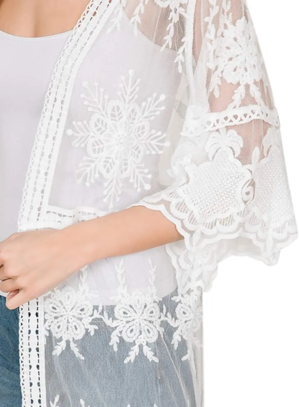 Anna-Kaci Womens Cover Up Long Embroidered Lace Kimono Cardigan with Half Sleeves