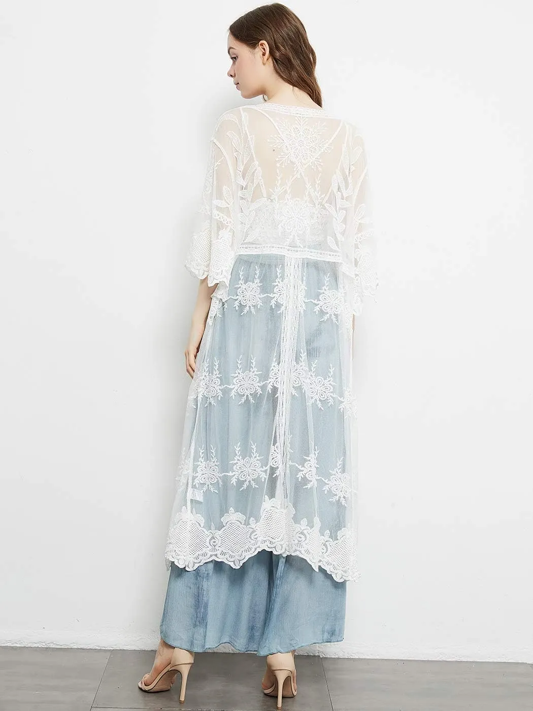 Anna-Kaci Womens Cover Up Long Embroidered Lace Kimono Cardigan with Half Sleeves