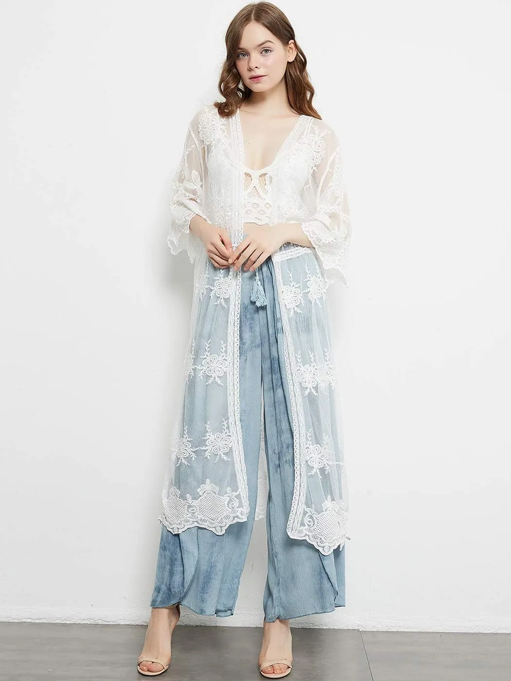 Anna-Kaci Womens Cover Up Long Embroidered Lace Kimono Cardigan with Half Sleeves