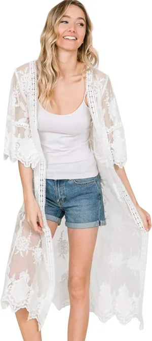 Anna-Kaci Womens Cover Up Long Embroidered Lace Kimono Cardigan with Half Sleeves