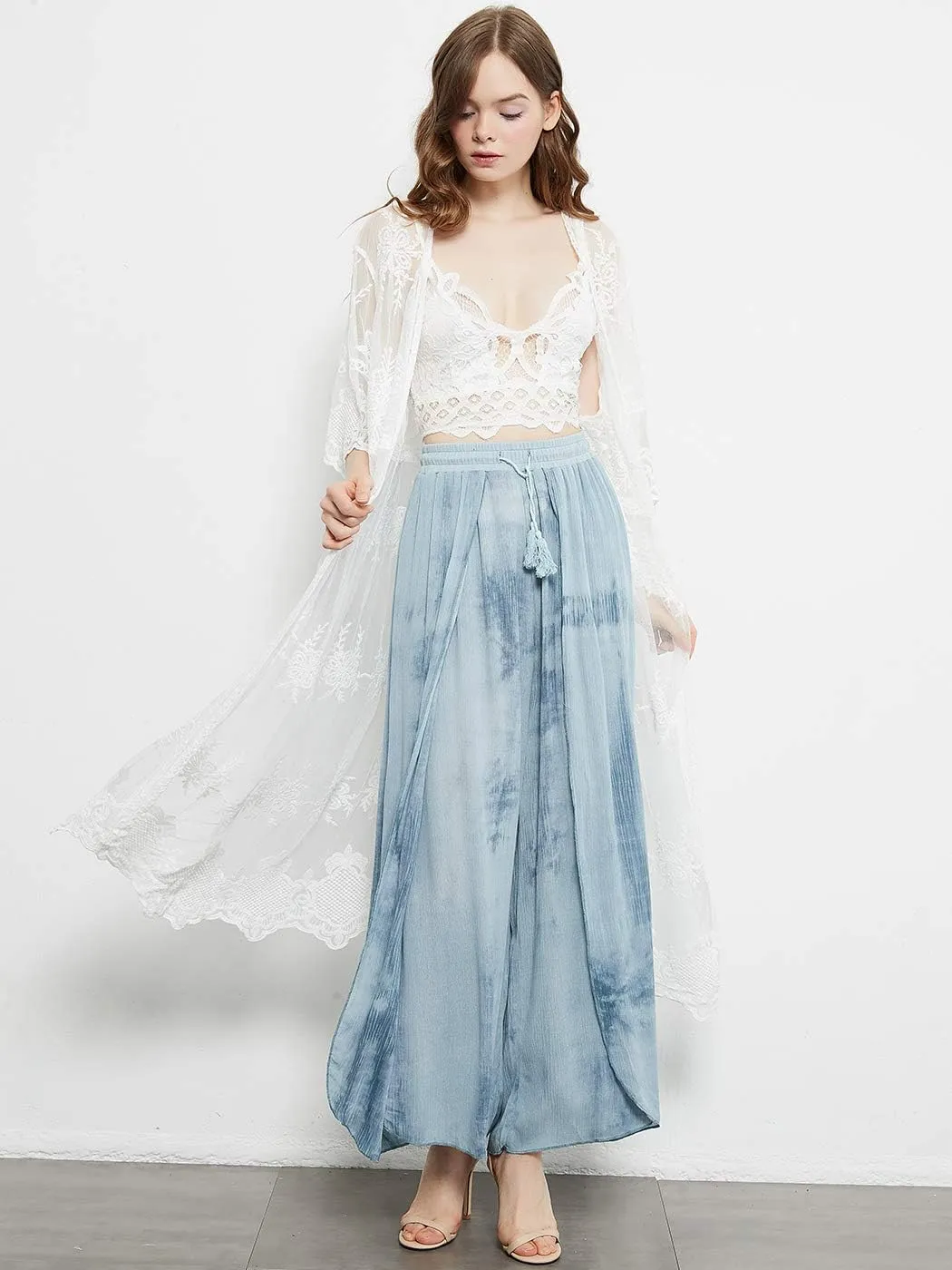 Anna-Kaci Womens Cover Up Long Embroidered Lace Kimono Cardigan with Half Sleeves