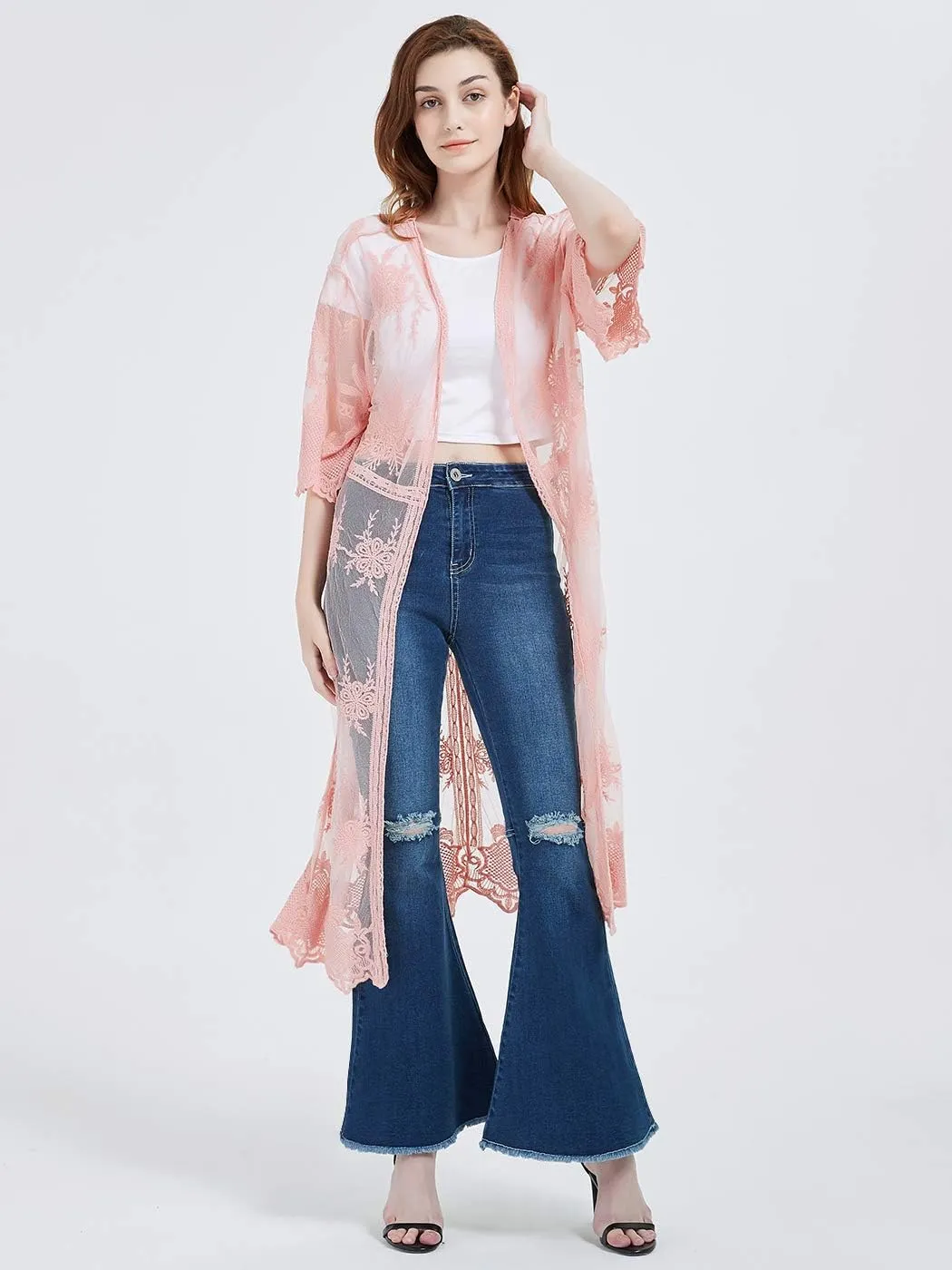 Anna-Kaci Womens Cover Up Long Embroidered Lace Kimono Cardigan with Half Sleeves