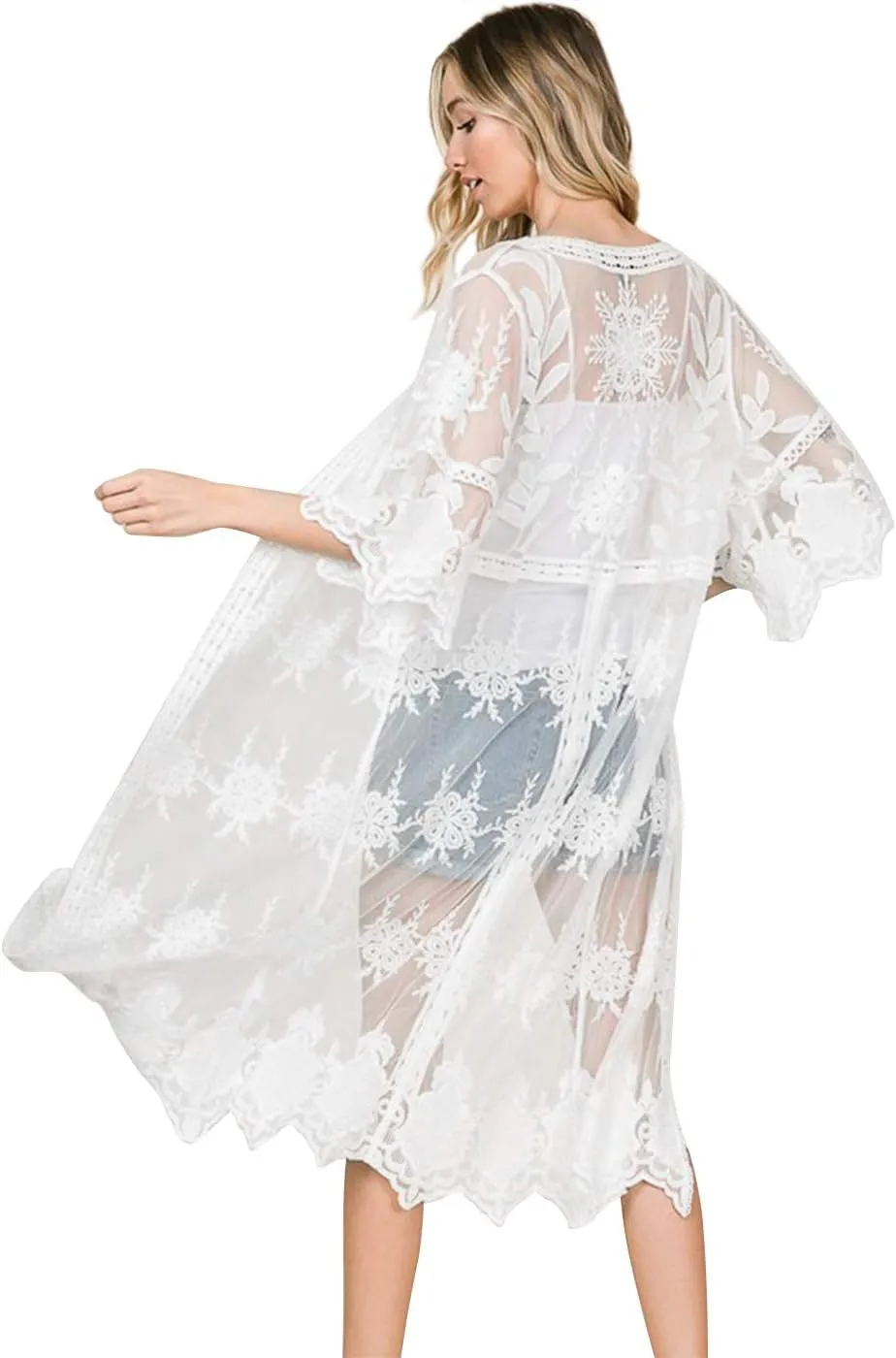 Anna-Kaci Womens Cover Up Long Embroidered Lace Kimono Cardigan with Half Sleeves