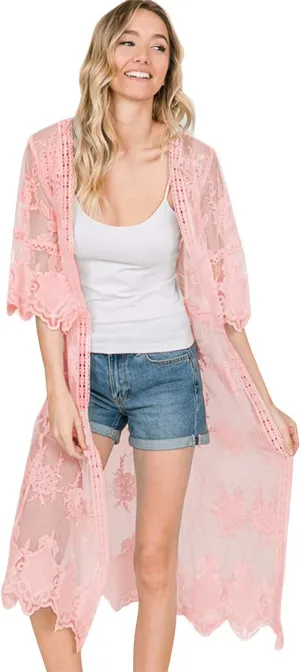 Anna-Kaci Womens Cover Up Long Embroidered Lace Kimono Cardigan with Half Sleeves