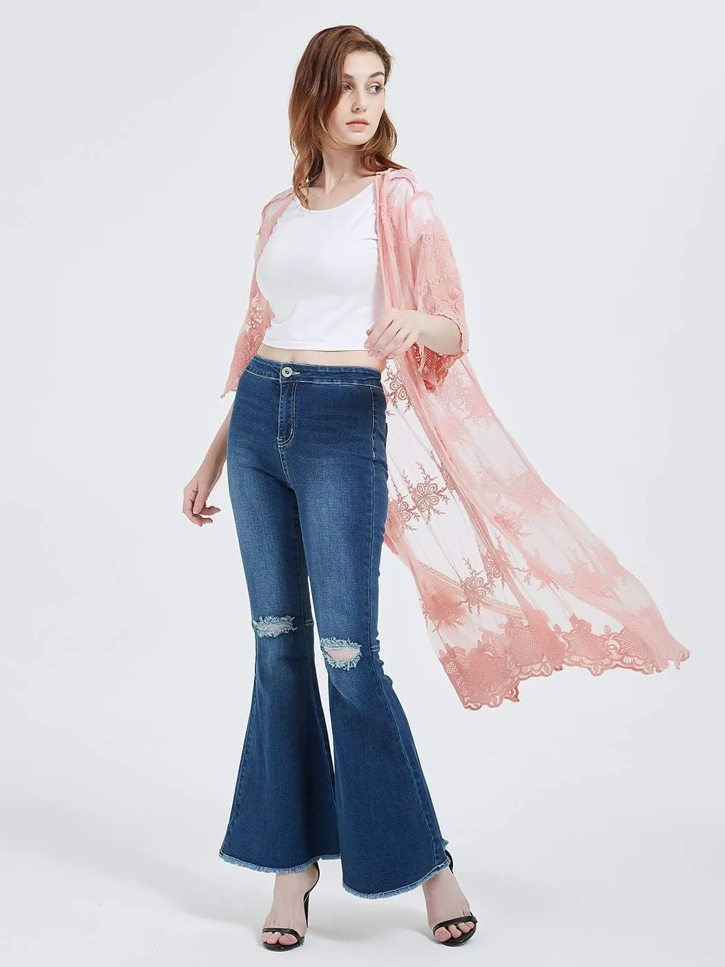 Anna-Kaci Womens Cover Up Long Embroidered Lace Kimono Cardigan with Half Sleeves