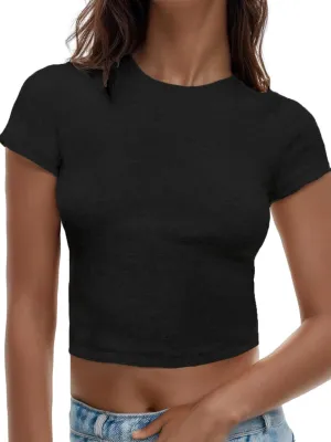 AnotherChill Women's Short Sleeve Crew Neck T-Shirts Ribbed Cotton Crop Top Y2K Summer Going Out Tops Baby Tee Outfits 2024