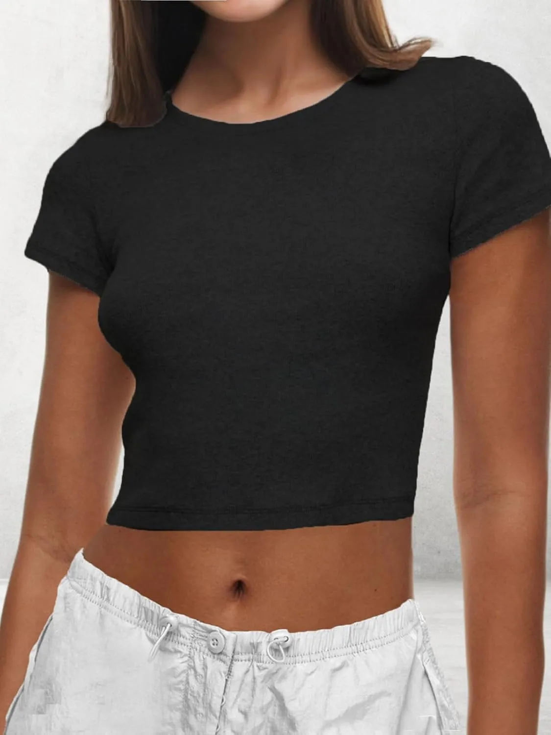 AnotherChill Women's Short Sleeve Crew Neck T-Shirts Ribbed Cotton Crop Top Y2K Summer Going Out Tops Baby Tee Outfits 2024