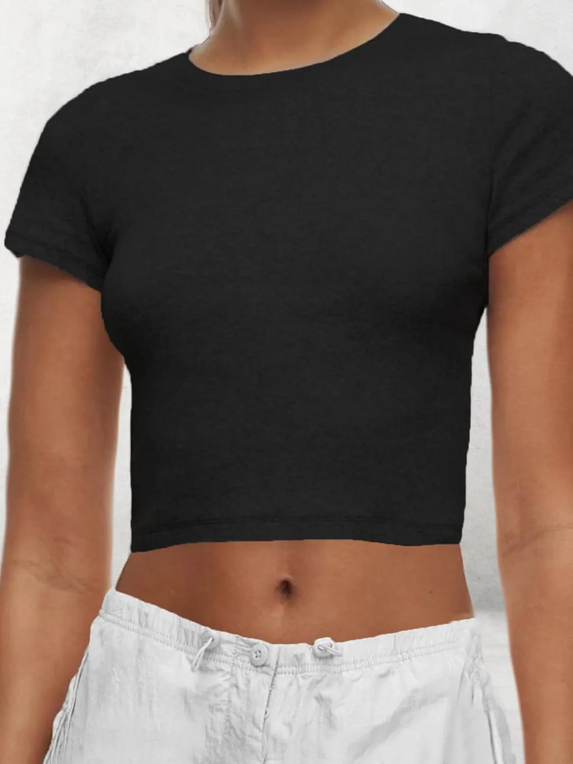 AnotherChill Women's Short Sleeve Crew Neck T-Shirts Ribbed Cotton Crop Top Y2K Summer Going Out Tops Baby Tee Outfits 2024