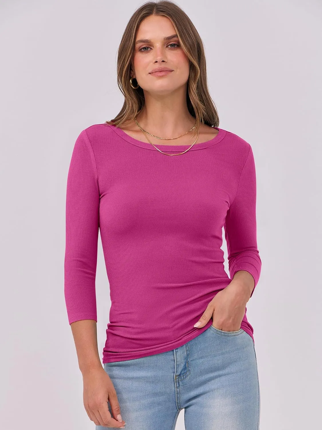 ANRABESS Women 3/4 Sleeve Crewneck Rib Knit Slim Fit Shirts Basic Tee Tops 2025 Summer Casual T-Shirt Workout Outfits Clothes