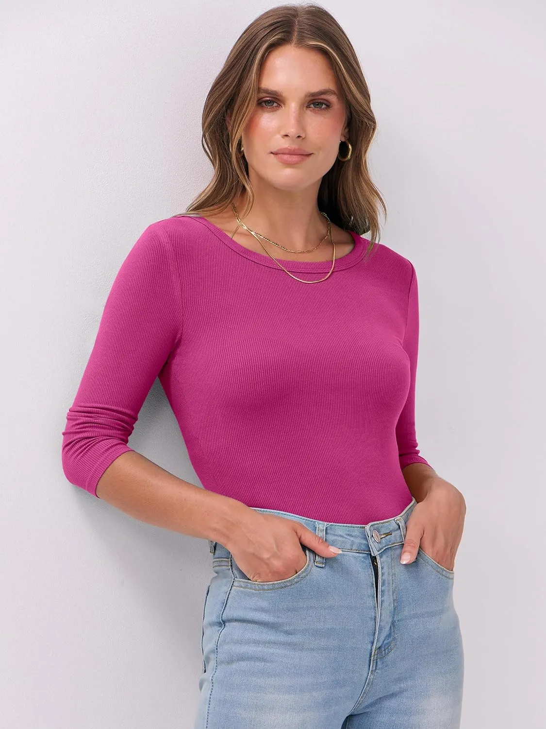 ANRABESS Women 3/4 Sleeve Crewneck Rib Knit Slim Fit Shirts Basic Tee Tops 2025 Summer Casual T-Shirt Workout Outfits Clothes