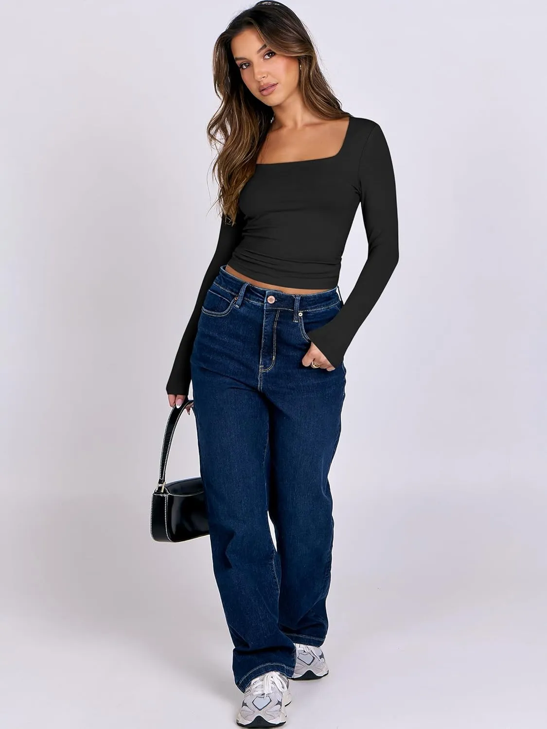 ANRABESS Women Double Lined Long Sleeve Crop Tops Shirts Square Neck Tight Fitted Going Out T-Shirt Basic Tee Outfits 2025