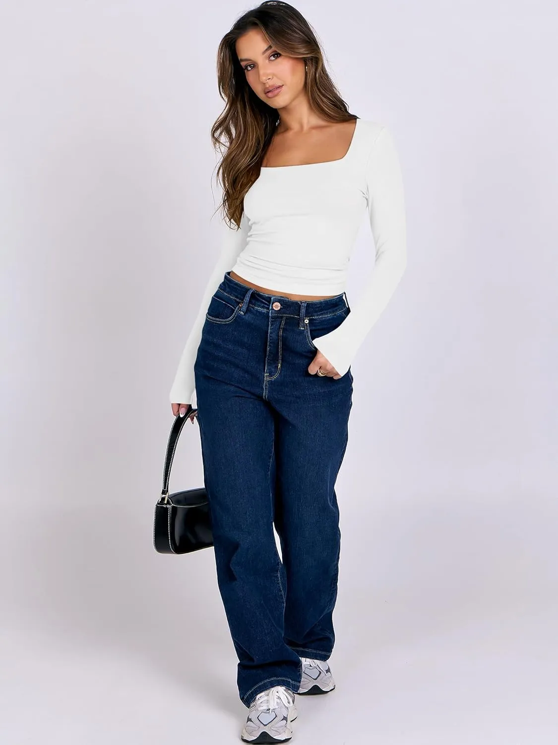 ANRABESS Women Double Lined Long Sleeve Crop Tops Shirts Square Neck Tight Fitted Going Out T-Shirt Basic Tee Outfits 2025