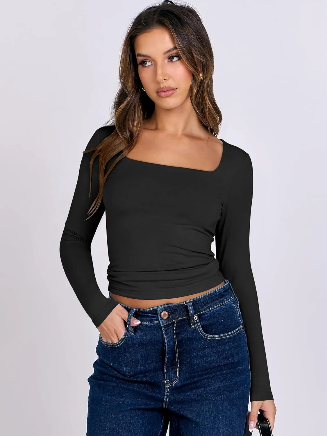ANRABESS Women Double Lined Long Sleeve Crop Tops Shirts Square Neck Tight Fitted Going Out T-Shirt Basic Tee Outfits 2025