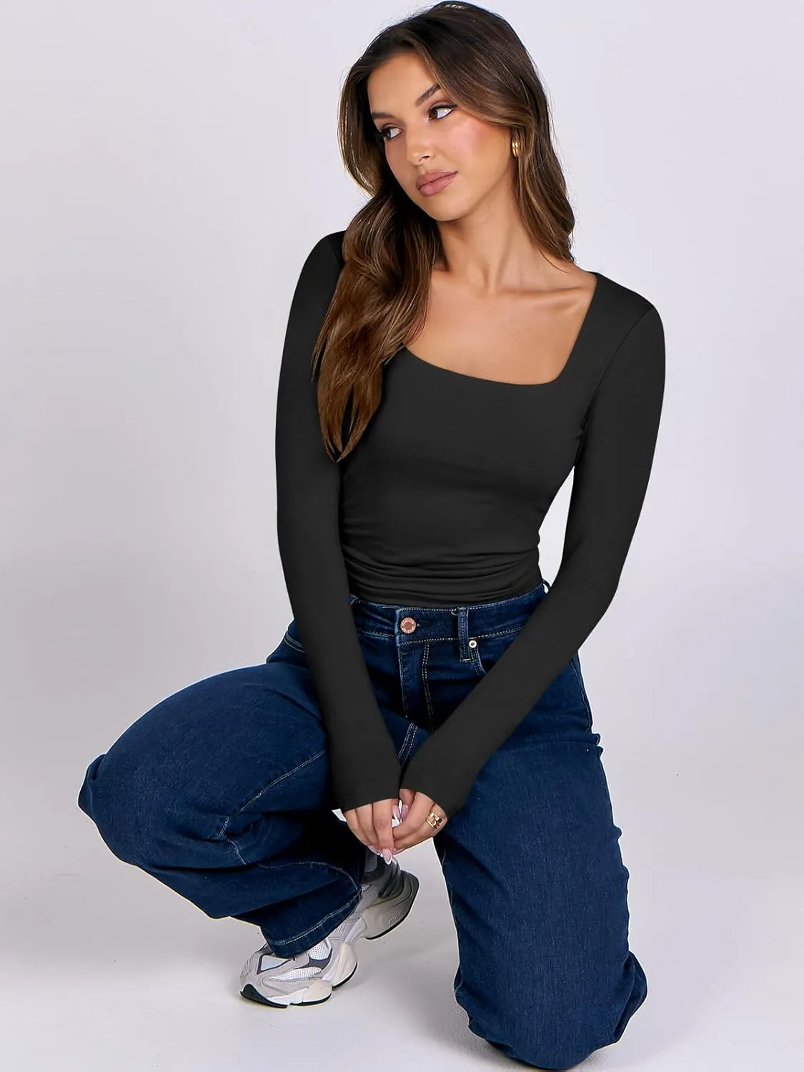 ANRABESS Women Double Lined Long Sleeve Crop Tops Shirts Square Neck Tight Fitted Going Out T-Shirt Basic Tee Outfits 2025