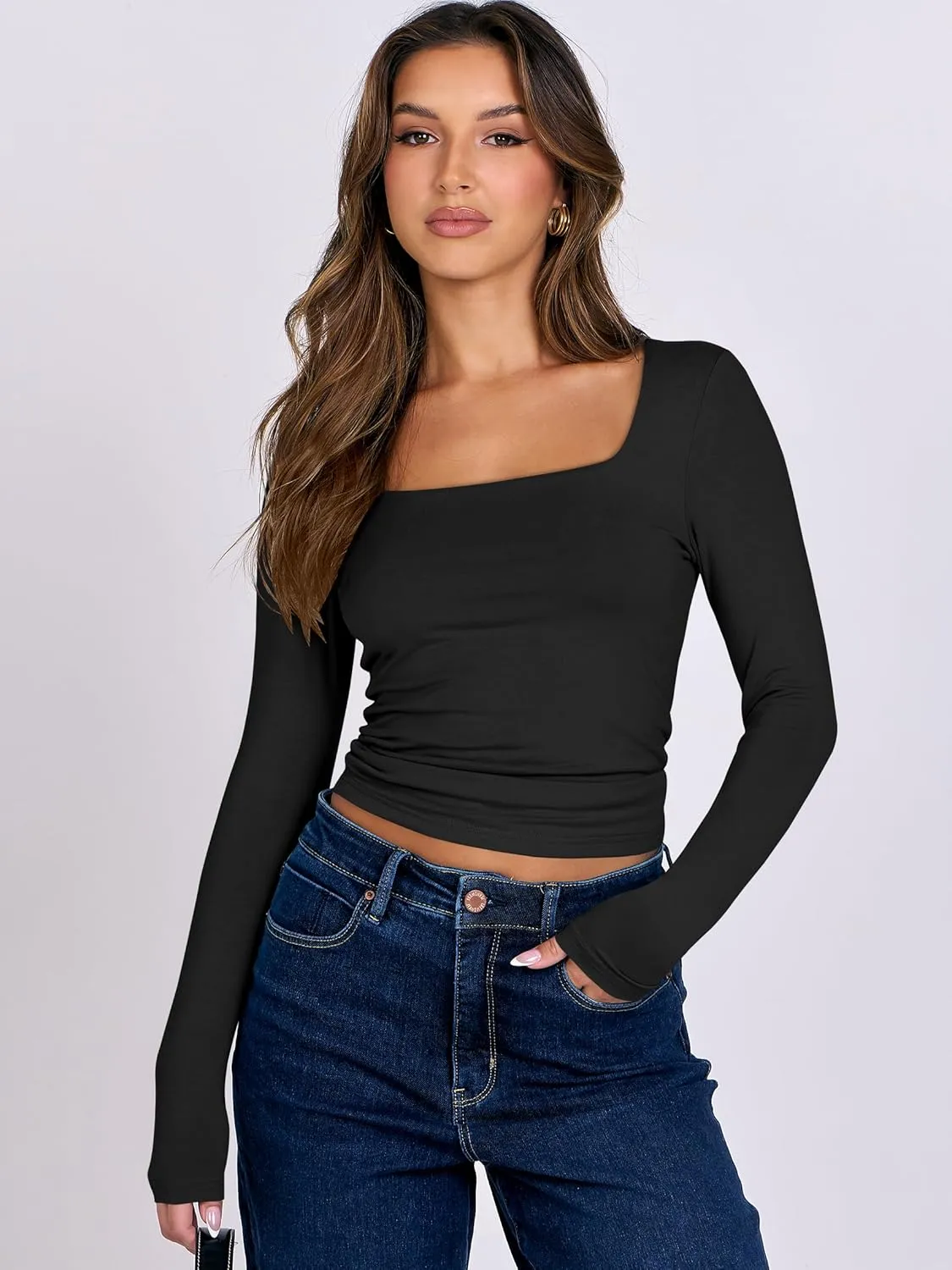 ANRABESS Women Double Lined Long Sleeve Crop Tops Shirts Square Neck Tight Fitted Going Out T-Shirt Basic Tee Outfits 2025