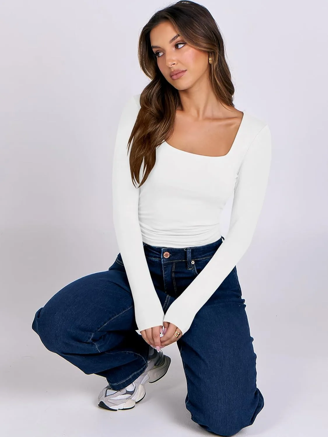 ANRABESS Women Double Lined Long Sleeve Crop Tops Shirts Square Neck Tight Fitted Going Out T-Shirt Basic Tee Outfits 2025