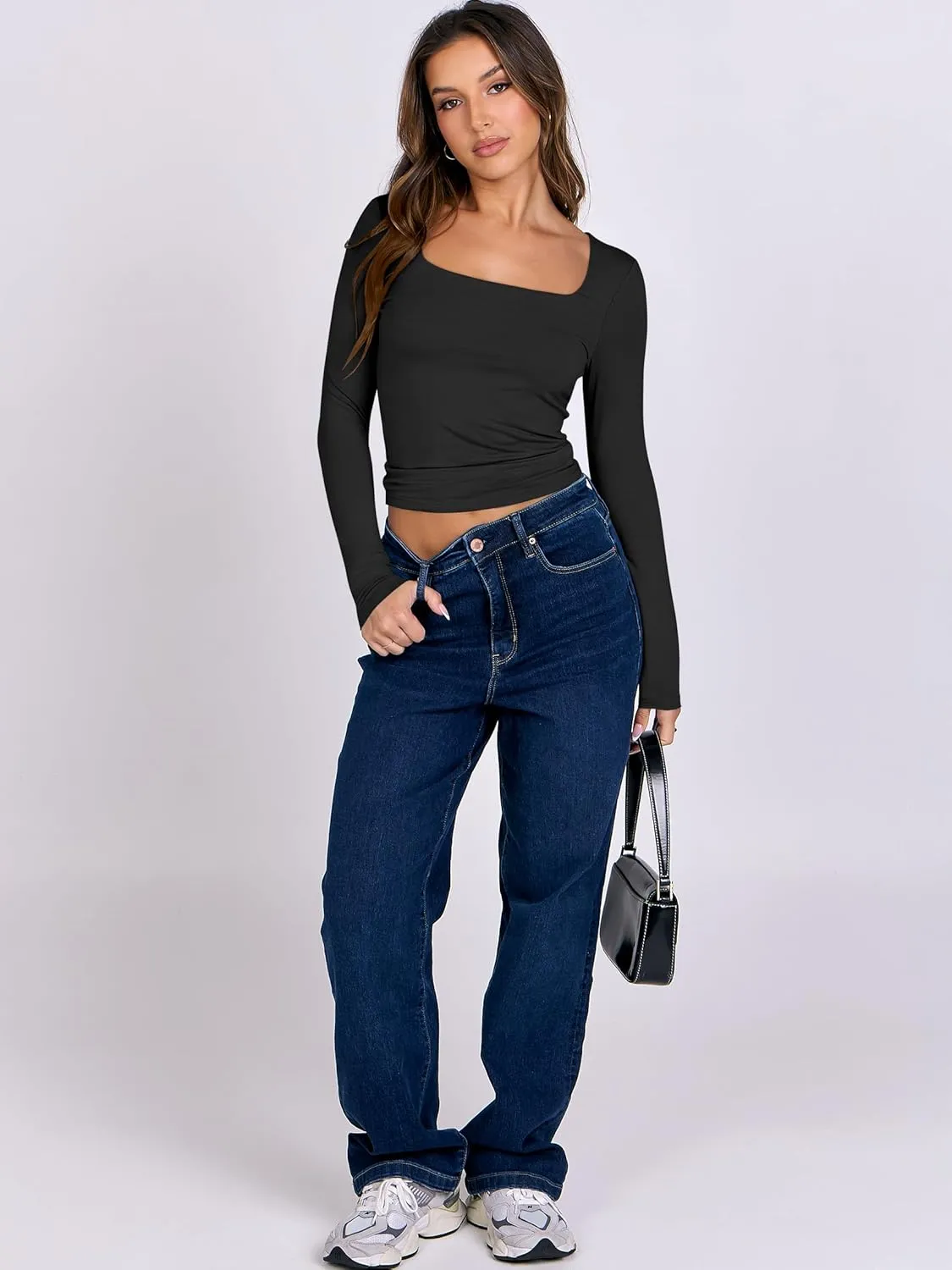 ANRABESS Women Double Lined Long Sleeve Crop Tops Shirts Square Neck Tight Fitted Going Out T-Shirt Basic Tee Outfits 2025