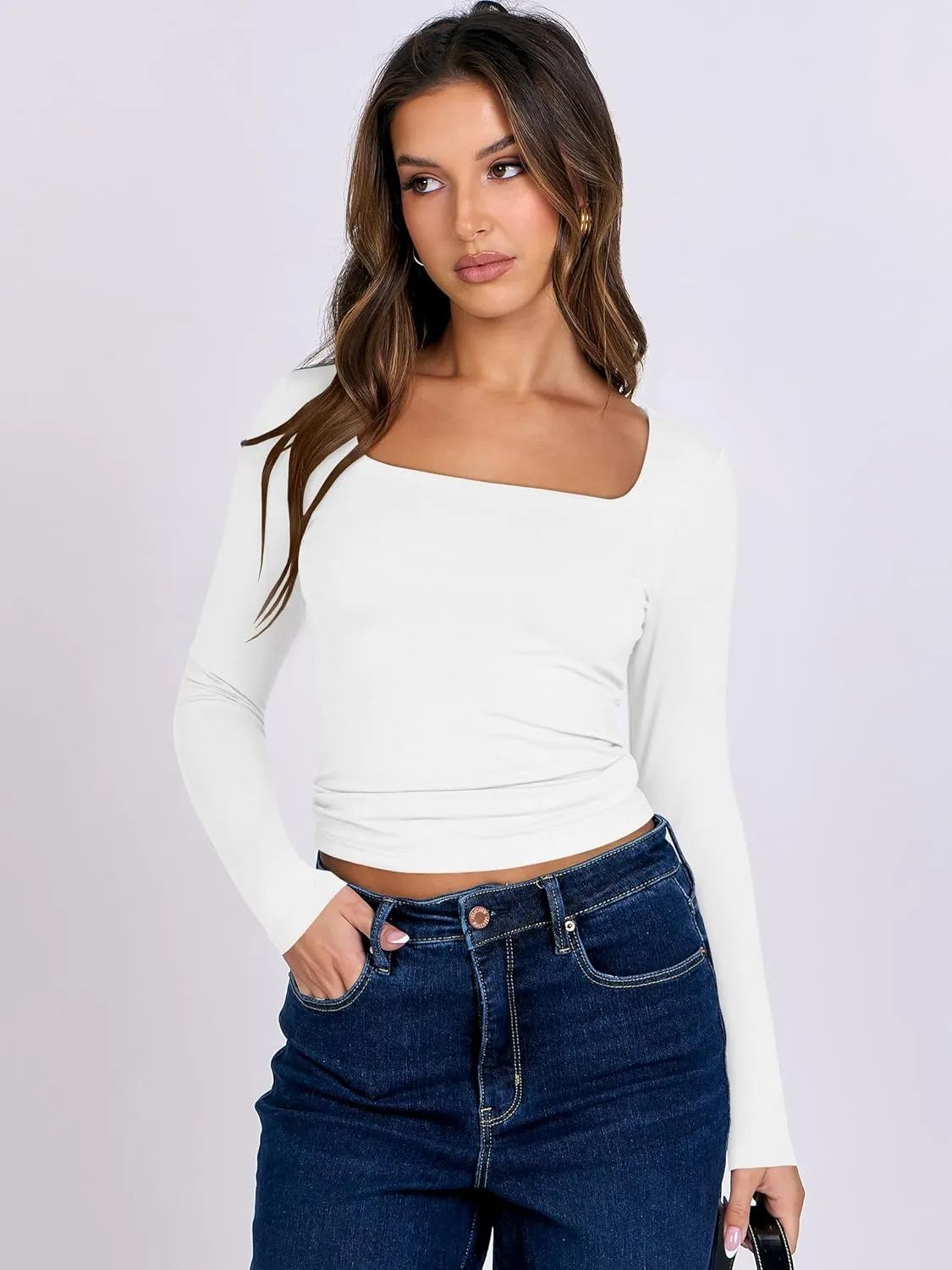 ANRABESS Women Double Lined Long Sleeve Crop Tops Shirts Square Neck Tight Fitted Going Out T-Shirt Basic Tee Outfits 2025