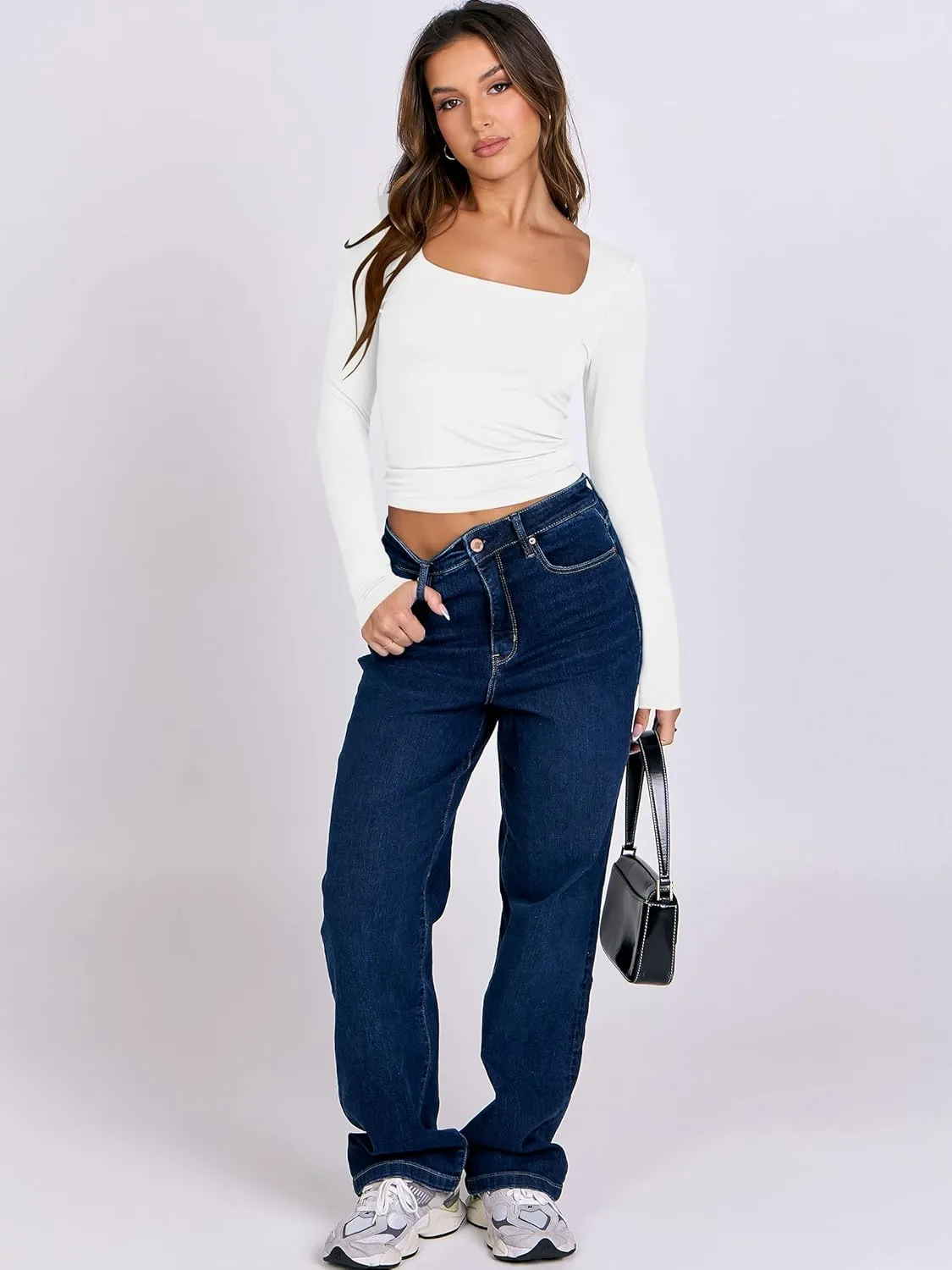 ANRABESS Women Double Lined Long Sleeve Crop Tops Shirts Square Neck Tight Fitted Going Out T-Shirt Basic Tee Outfits 2025