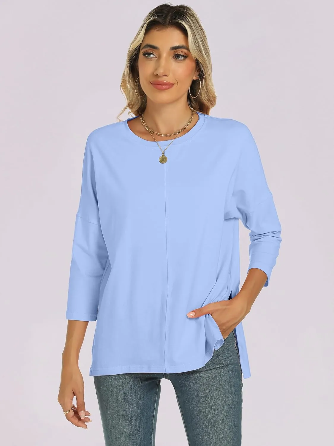 ANRABESS Womens 3/4 Length Sleeve Tops Loose Fit Tunic Shirts Oversized Spring Summer Casual Crew Neck Basic Boxy Tee