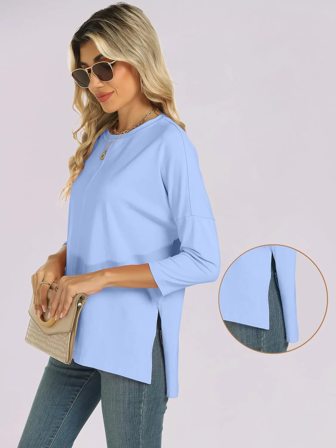 ANRABESS Womens 3/4 Length Sleeve Tops Loose Fit Tunic Shirts Oversized Spring Summer Casual Crew Neck Basic Boxy Tee