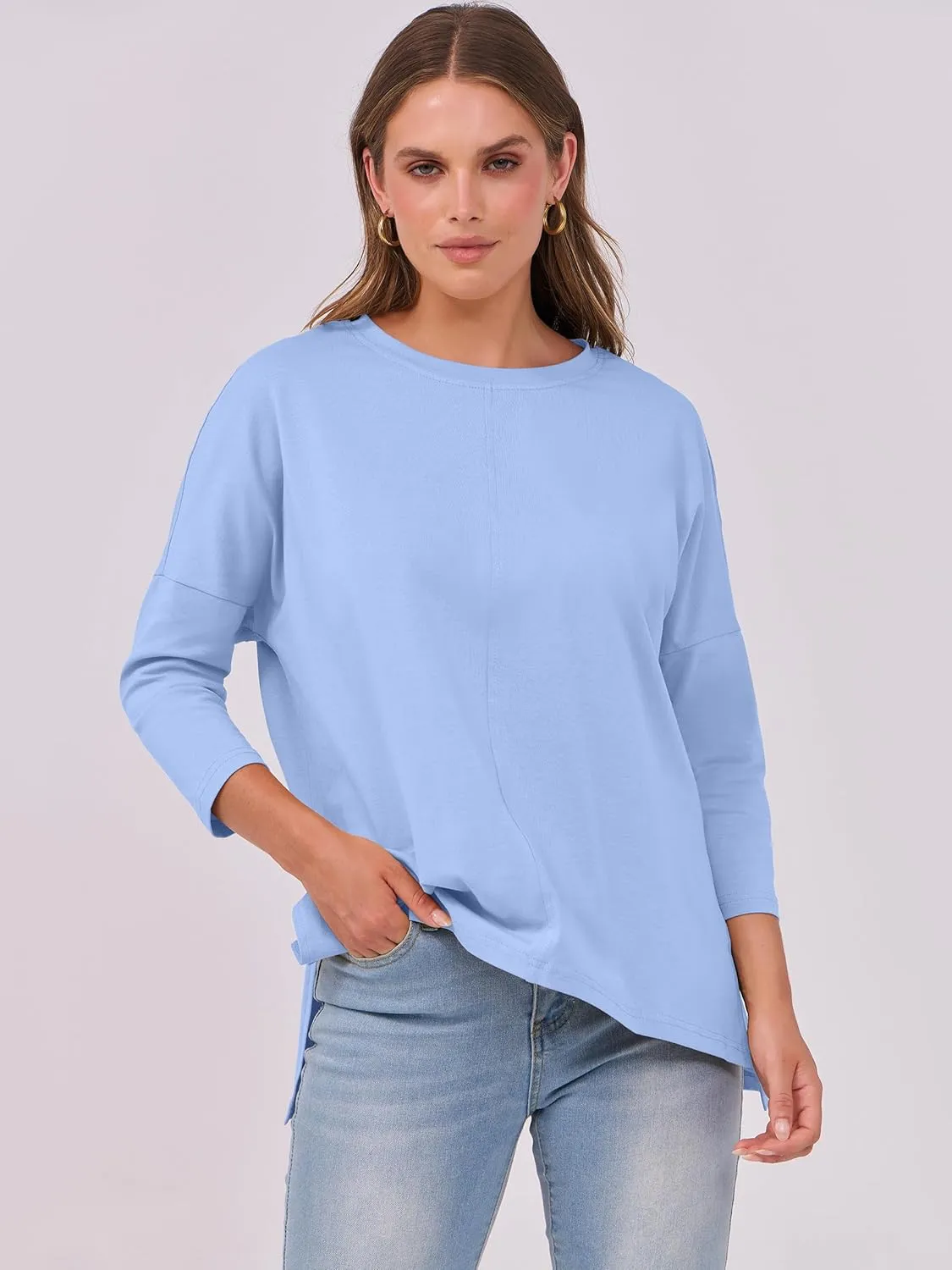 ANRABESS Womens 3/4 Length Sleeve Tops Loose Fit Tunic Shirts Oversized Spring Summer Casual Crew Neck Basic Boxy Tee