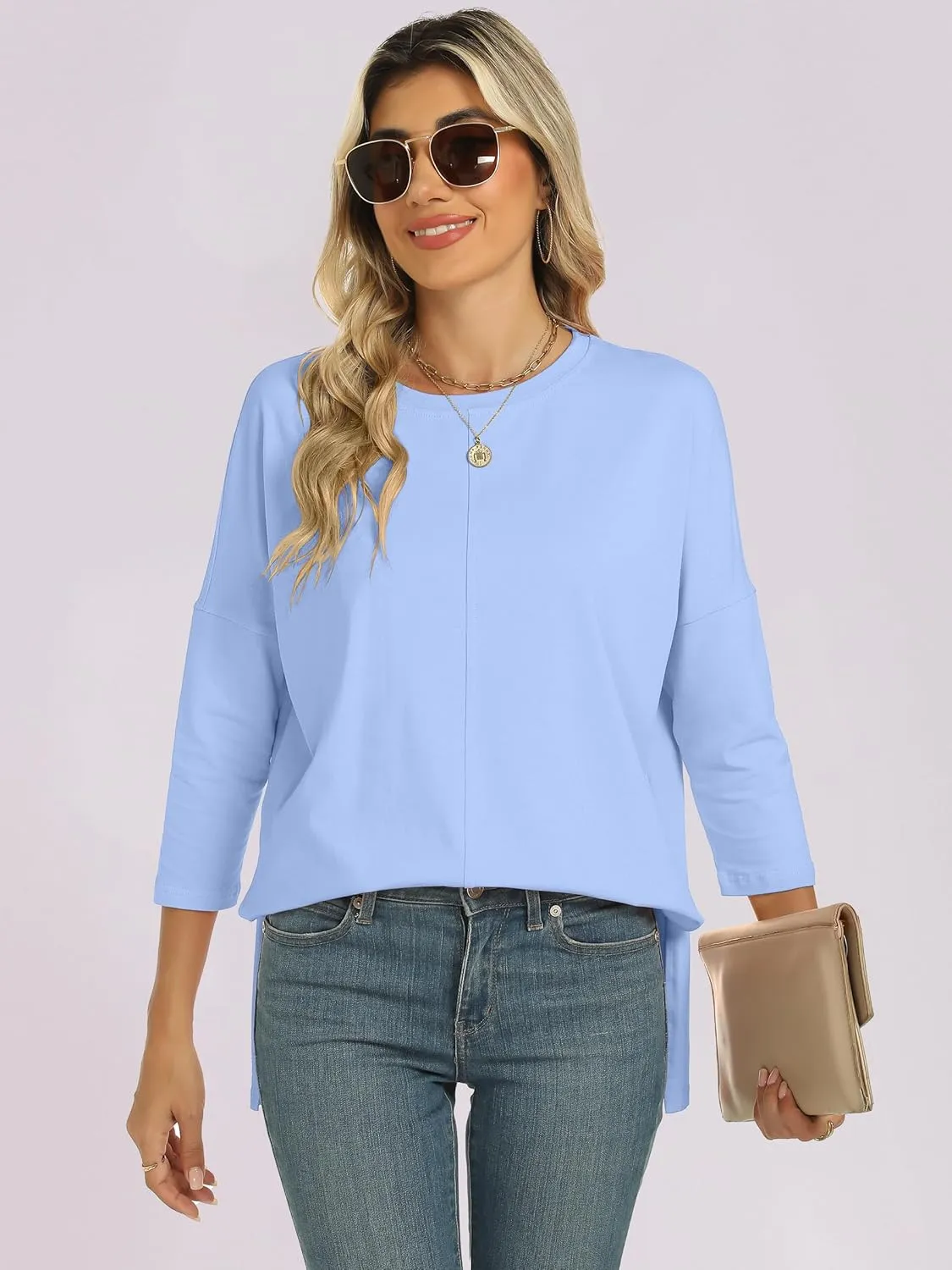 ANRABESS Womens 3/4 Length Sleeve Tops Loose Fit Tunic Shirts Oversized Spring Summer Casual Crew Neck Basic Boxy Tee
