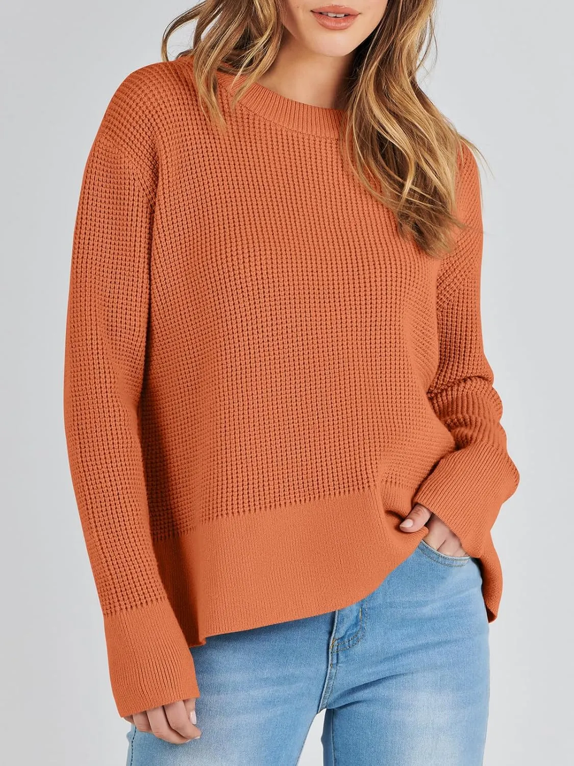 ANRABESS Womens Crewneck Long Sleeve Waffle Knit Casual Side Zipper Pullover Sweaters Top Thumbhole 2025 Fall Outfits