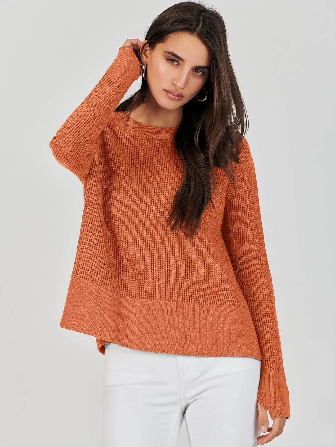 ANRABESS Womens Crewneck Long Sleeve Waffle Knit Casual Side Zipper Pullover Sweaters Top Thumbhole 2025 Fall Outfits
