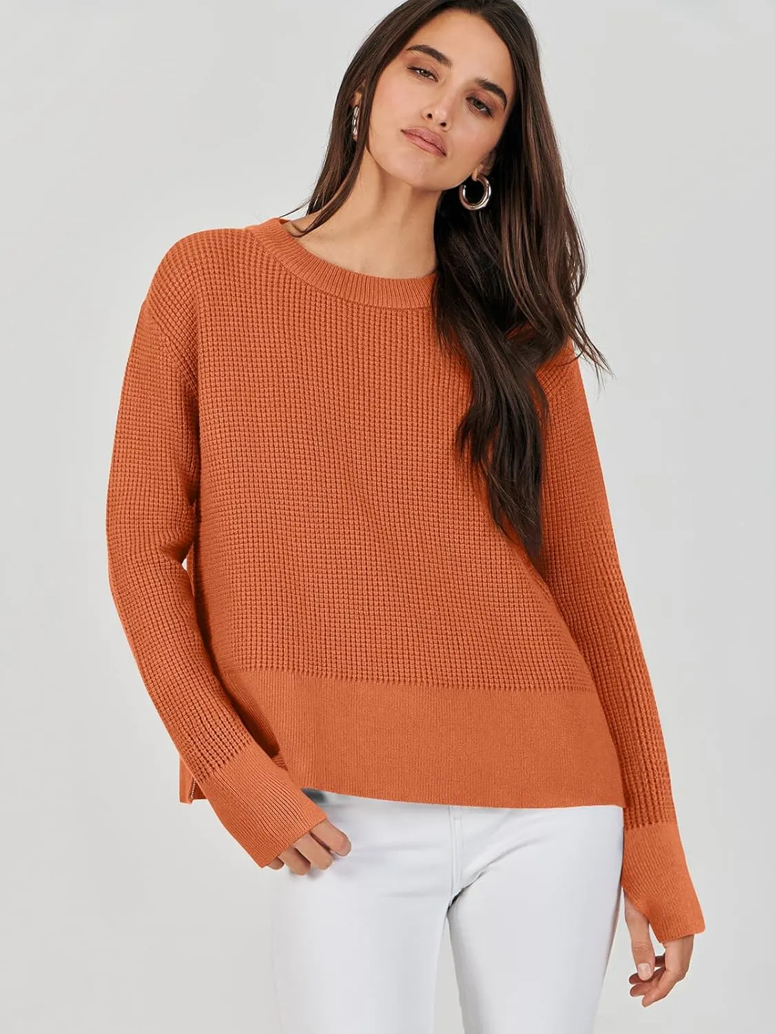 ANRABESS Womens Crewneck Long Sleeve Waffle Knit Casual Side Zipper Pullover Sweaters Top Thumbhole 2025 Fall Outfits