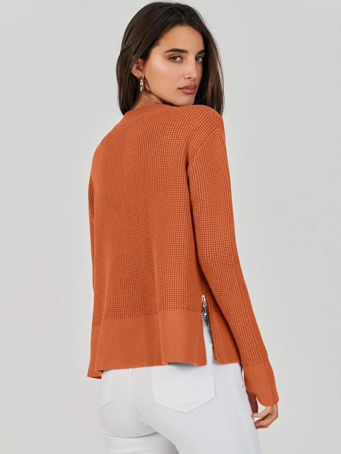 ANRABESS Womens Crewneck Long Sleeve Waffle Knit Casual Side Zipper Pullover Sweaters Top Thumbhole 2025 Fall Outfits