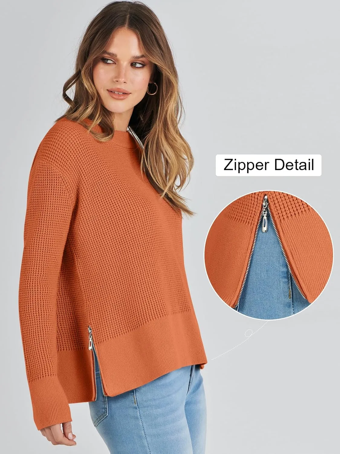 ANRABESS Womens Crewneck Long Sleeve Waffle Knit Casual Side Zipper Pullover Sweaters Top Thumbhole 2025 Fall Outfits