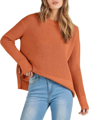ANRABESS Womens Crewneck Long Sleeve Waffle Knit Casual Side Zipper Pullover Sweaters Top Thumbhole 2025 Fall Outfits