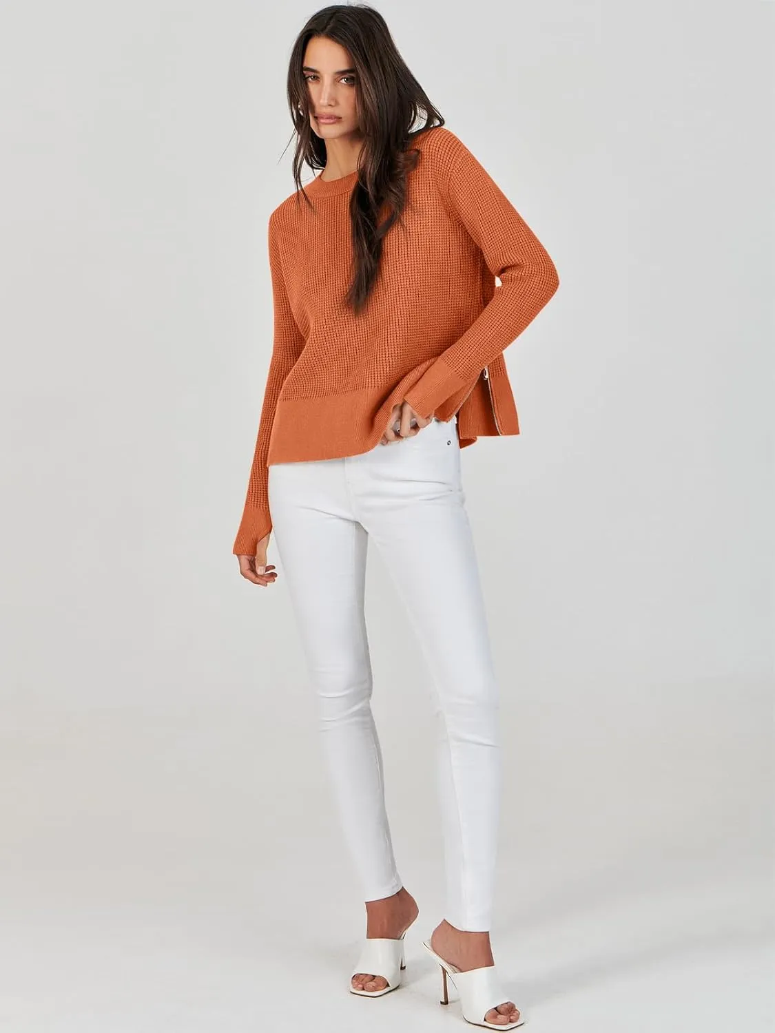 ANRABESS Womens Crewneck Long Sleeve Waffle Knit Casual Side Zipper Pullover Sweaters Top Thumbhole 2025 Fall Outfits