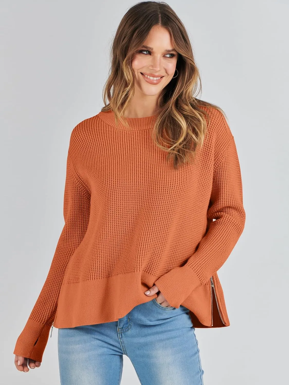 ANRABESS Womens Crewneck Long Sleeve Waffle Knit Casual Side Zipper Pullover Sweaters Top Thumbhole 2025 Fall Outfits