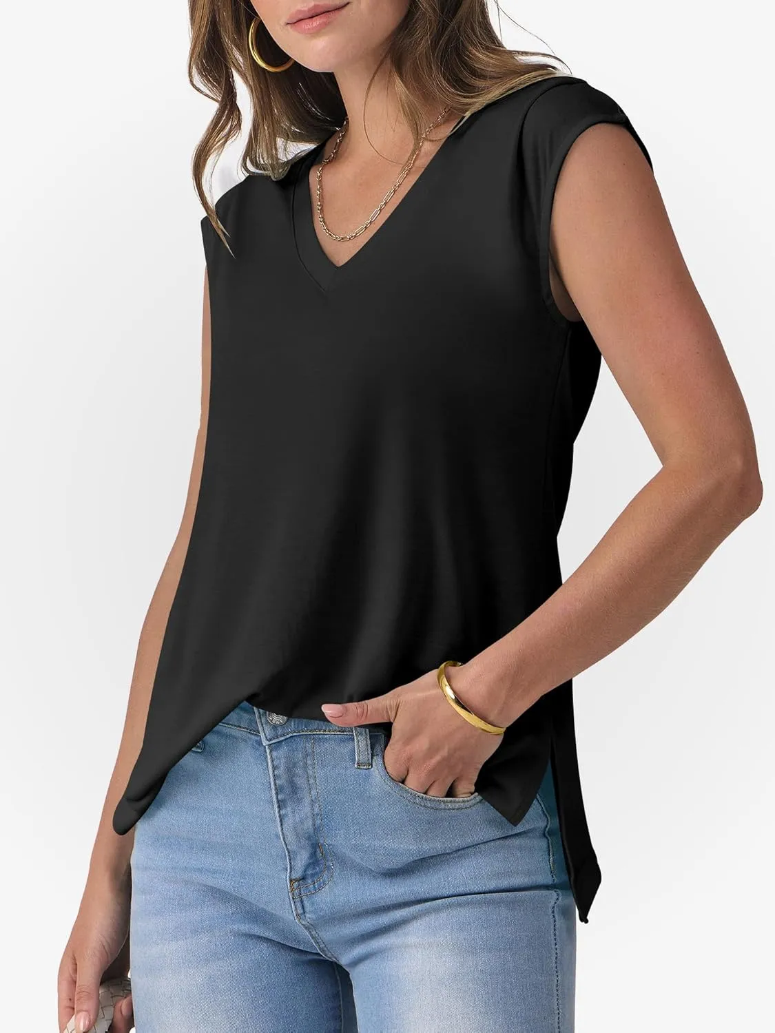 ANRABESS Womens Tank Top V Neck Cap Sleeve Summer Casual Loose Slit Side Sleeveless Tunic Tee Shirts 2025 Trendy Clothes